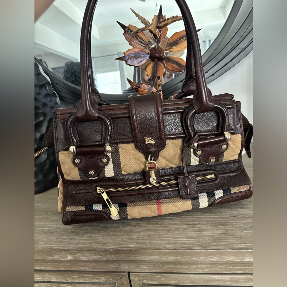 Vintage Burberry Tan and Brown Leather Trim Handbag